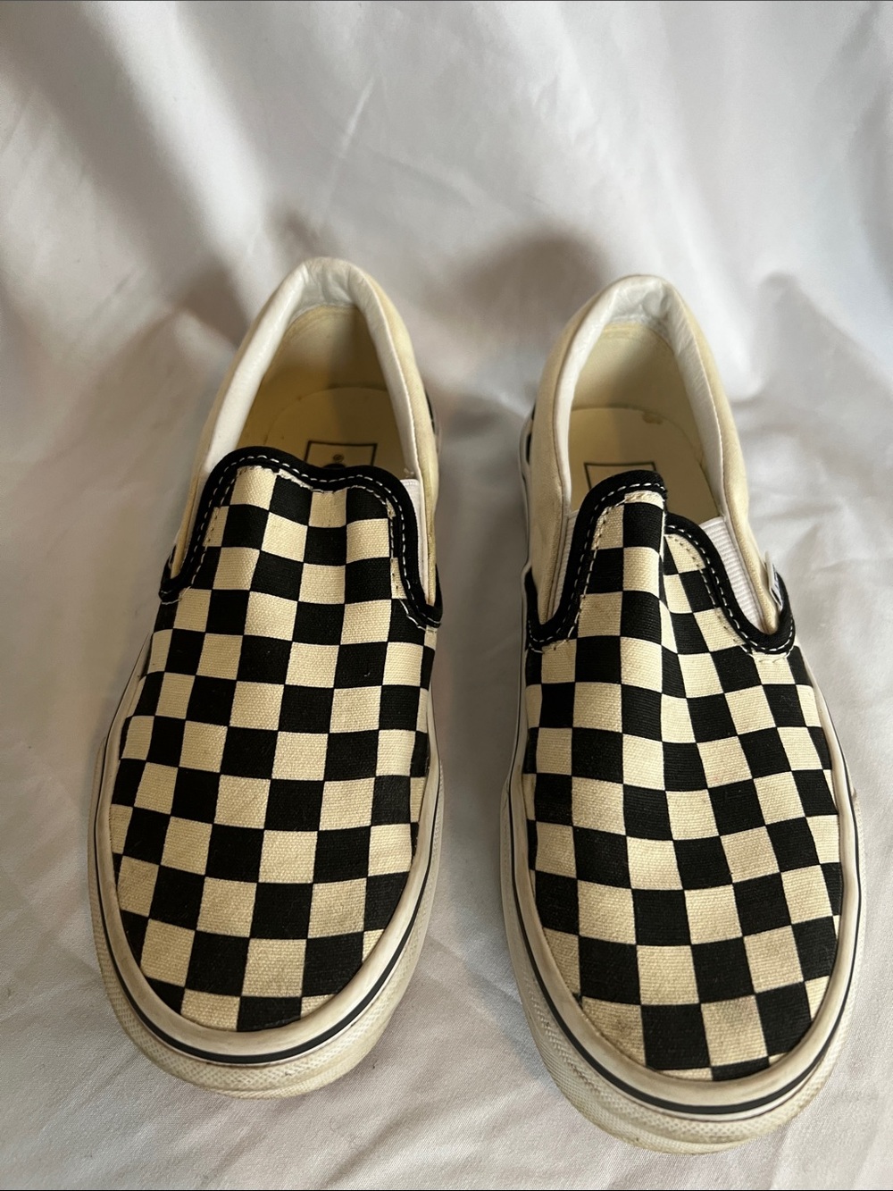 Kids Slip-On Checkerboard Canvas Shoes - Black & White Used in Good Condition